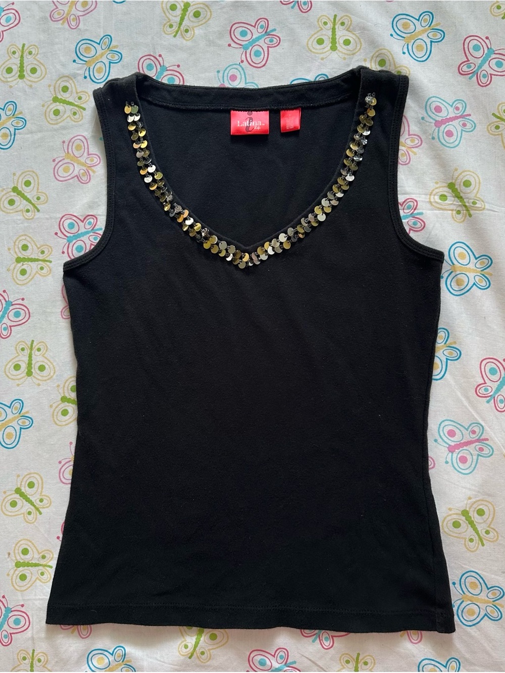 Latina Life Y2K Black Silver & Gold Sequin Neckline Tank